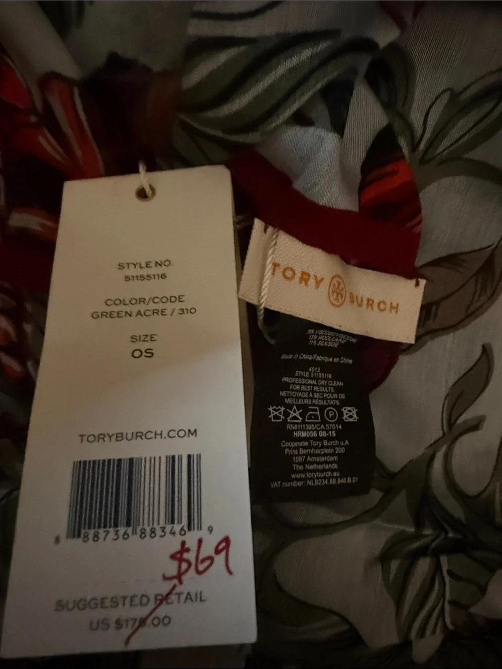 Tory Burch Printed Scarf in Green and Red Accents
